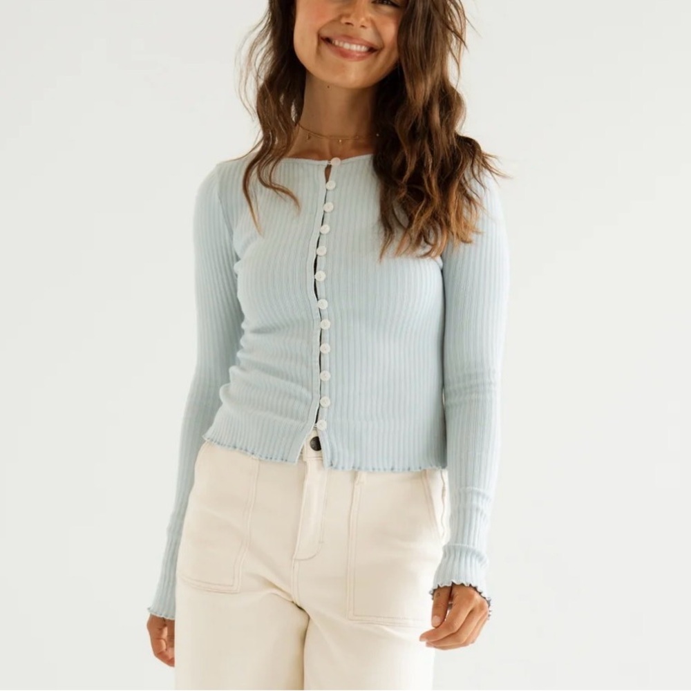 Bundle- Carly Jean Los Angeles Light Blue and Cream Ribbed Button-Up Top